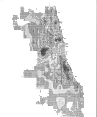 Contour map illustrating the populations of Chicago in 1960. Made with SYMAP.